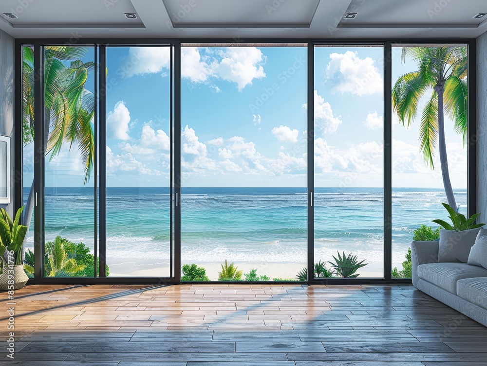 Fototapeta premium beautiful home interior space with black living room wooden floor with ocean seaside blue sky sea sand beach summer freshness travel season window view house design tropical style