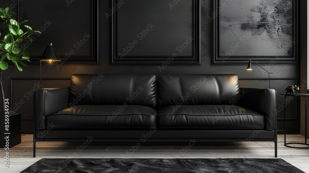 Black living room interior with a sleek leather sofa, minimalist design ...