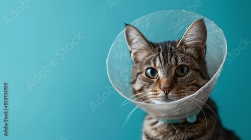 Cat wearing a cone collar after visit to the vet on cyan background. Copy space, banner concept. 