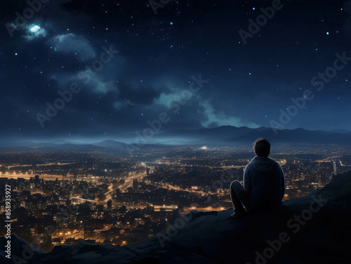 Man Sitting on Cliff Overlooking Illuminated Cityscape at Night © Gun