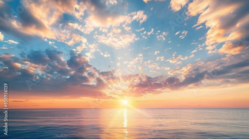 A breathtaking view of a sunset over a calm ocean. The sky is ablaze with vibrant hues of orange, pink, and purple, while fluffy clouds drift across the horizon. The setting sun casts a warm glow on t