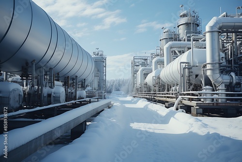 oil refinery in winter with snow and blue sky - 3d rendering