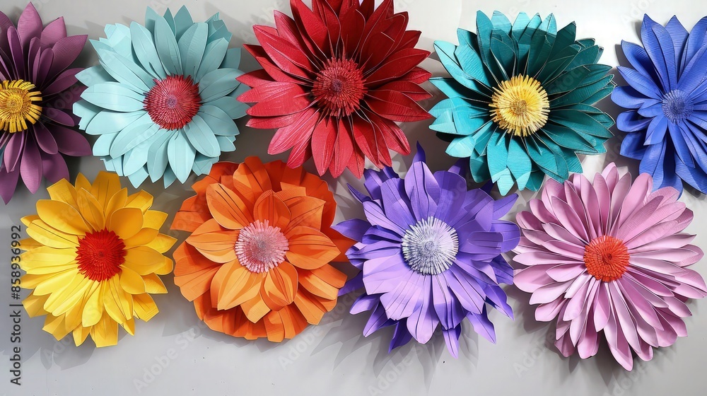 A vibrant display of large paper craft flowers in various colors, each meticulously shaped from paper, set against a plain white background to emphasize their colors. A vibrant display of large paper craft flowers in various colors, each meticulously shaped from paper, set against a plain white background to emphasize their colors.