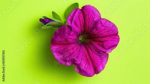 A vibrant Petunia flower in rich purple tones isolated on a bright lime green background, creating a lively and eye-catching contrast that enhances the flowera??s vivid colors. photo