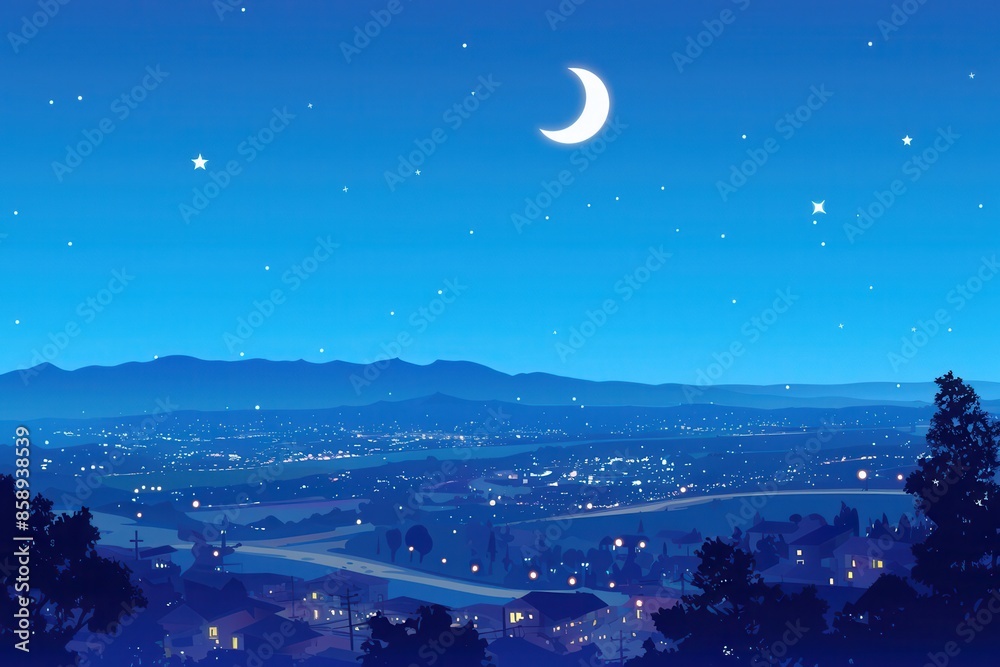 Fototapeta premium Nighttime Cityscape with a Crescent Moon