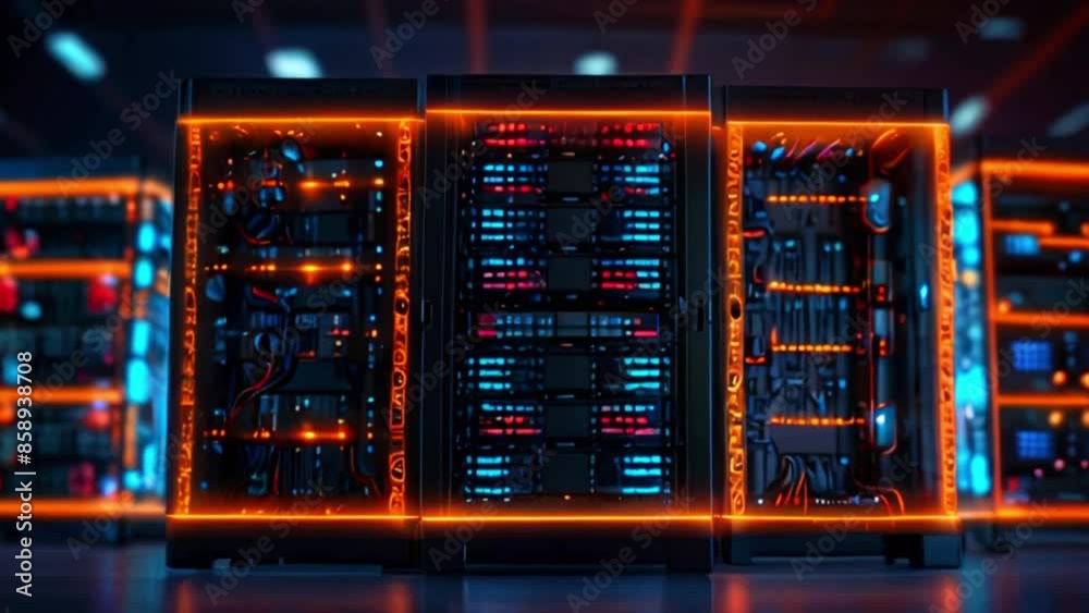 A dark room filled with tall racks of servers with bright orange and blue lights. A dark room filled with tall racks of servers with bright orange and blue lights.