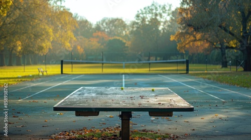 Deserted park tennis table during the lockdown amid the covid 19 pandemic Background for text