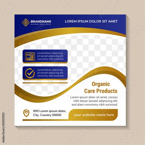 organic care products Banner Template, Social Media Post, vector illustration of poster design with space for photo. square layout with white background. combination between blue and gold gradient.
