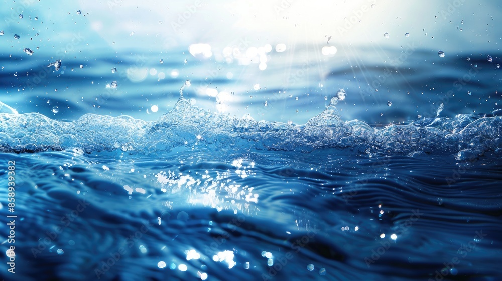Blue water surface with ripples splashes bubbles waves and sunlight reflections ideal for cosmetics ads Blue water surface with ripples splashes bubbles waves and sunlight reflections ideal for cosmetics ads