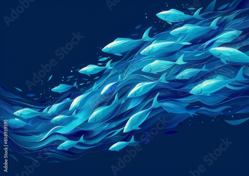 Digital illustration featuring a school of fish swimming through a deep blue ocean, rendered in a polygonal style photo