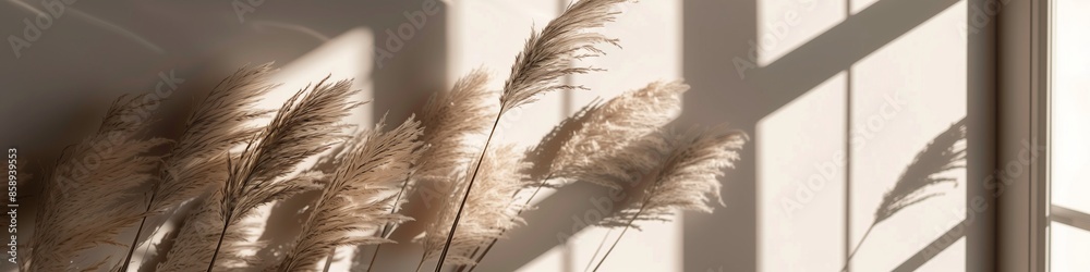 Obraz premium Neutral Pampas Grass, Dried, Pastel, Aesthetic Decor on Beige Background, Generated by AI