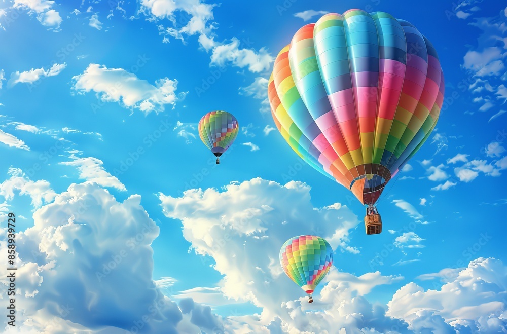 Fototapeta premium Hot Air Balloon Ride in blue sky white clouds background for wide banner of travel agency or adventure tour,Aerostat flying above clouds,International Balloon Fiesta.