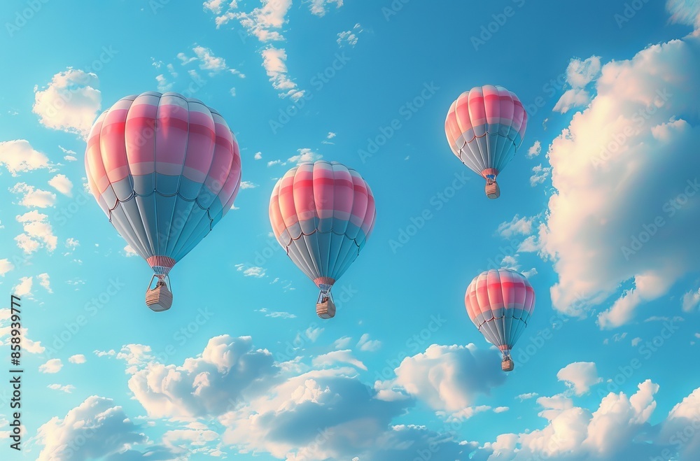 Naklejka premium Hot Air Balloon Ride in blue sky white clouds background for wide banner of travel agency or adventure tour,Aerostat flying above clouds,International Balloon Fiesta.