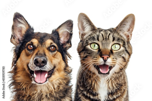 A delightful dog and cat side by side, both looking into the camera with expressions of happiness and friendship, isolated on a clear, transparent background. © Rafia