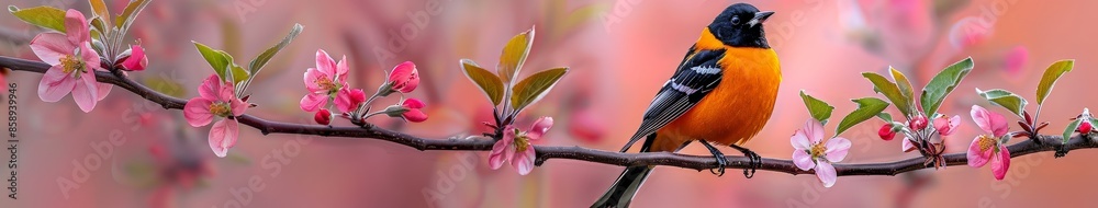 Fototapeta premium Bird on Apple Blossom Branch