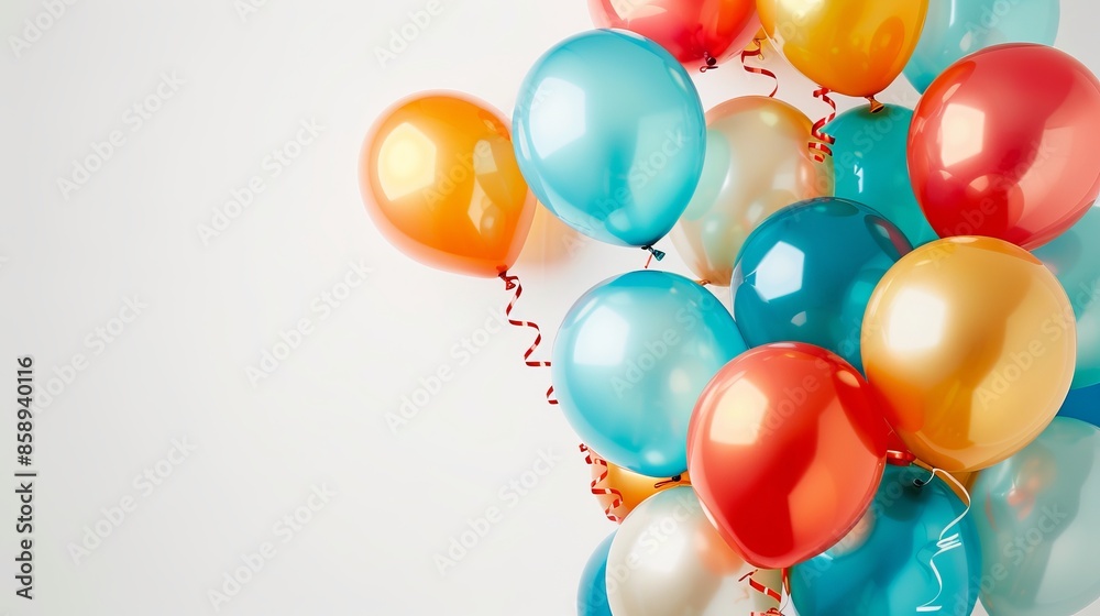 Colorful balloon brunch celebration on white background, festive greeting and happy birthday banner concept with vibrant party decorations and copy space Colorful balloon brunch celebration on white background, festive greeting and happy birthday banner concept with vibrant party decorations and copy space