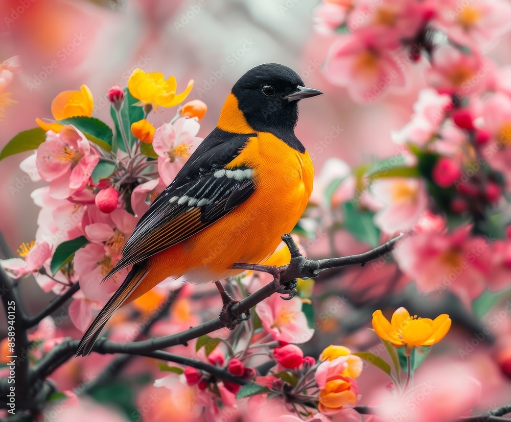 Fototapeta premium Baltimore Oriole on Apple Blossom Branch