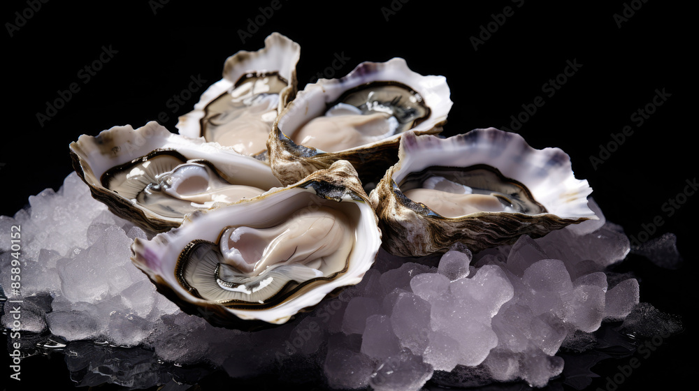Food photography background, square - Delicious fresh opened oysters on ice, isolated on black background table, Generative AI Food photography background, square - Delicious fresh opened oysters on ice, isolated on black background table, Generative AI