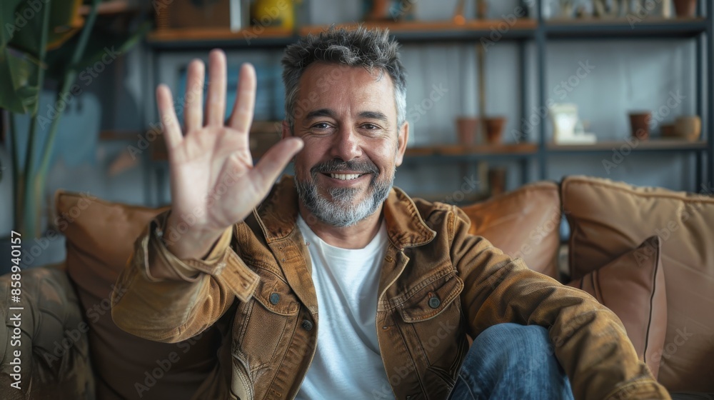 A middle-aged man with a beard sits on a couch in a home office. He is wearing a brown jacket, a white t-shirt, and blue jeans. He is smiling and waving his right hand at the camera. There is a booksh A middle-aged man with a beard sits on a couch in a home office. He is wearing a brown jacket, a white t-shirt, and blue jeans. He is smiling and waving his right hand at the camera. There is a booksh