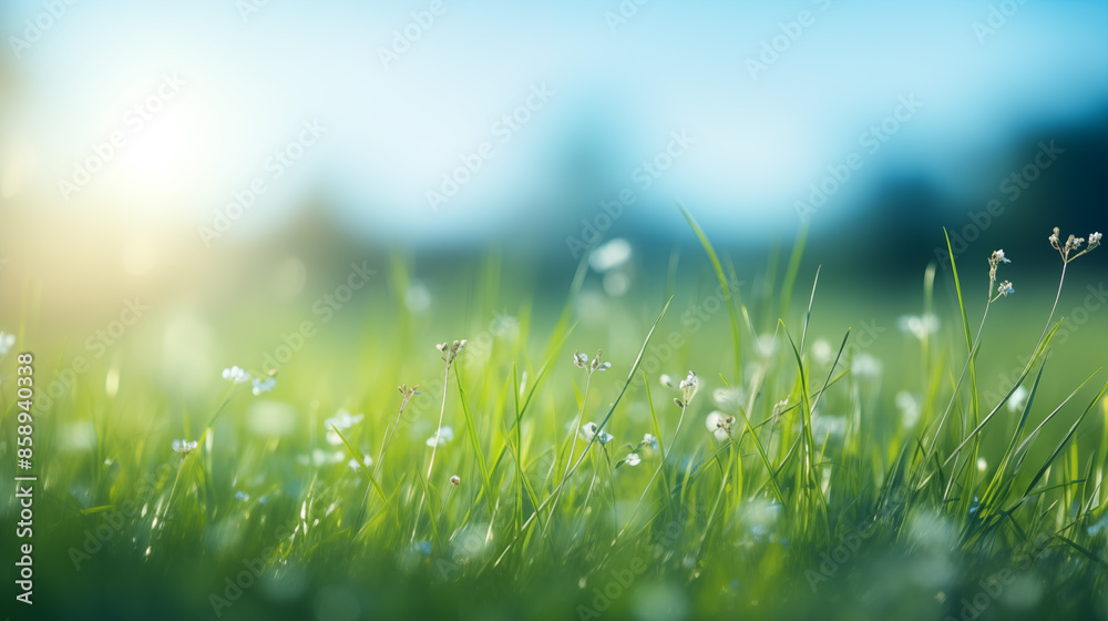Obraz premium A fresh spring sunny garden background of green grass and blurred foliage bokeh.