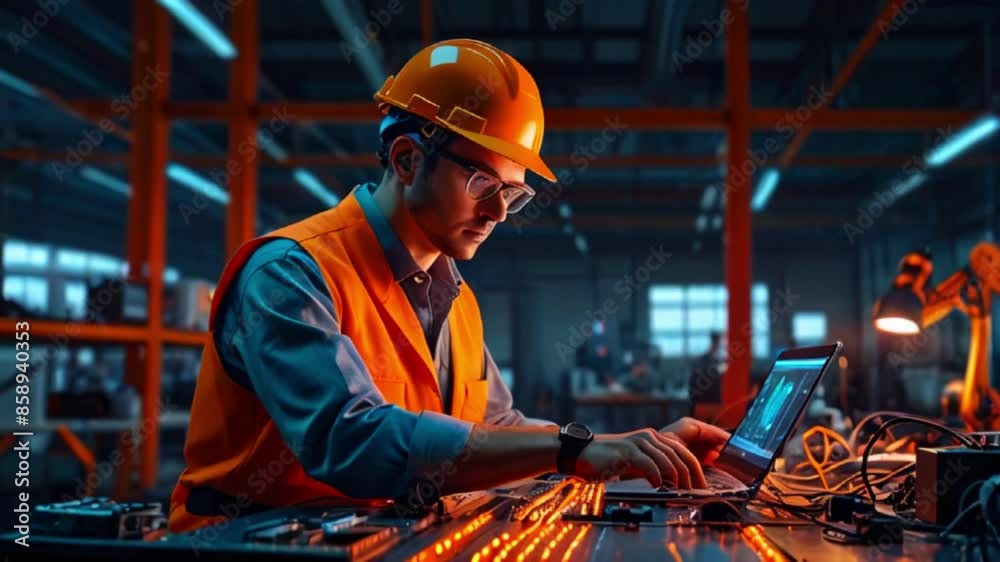 A man wearing a hard hat and safety vest is working on a laptop in a factory. A man wearing a hard hat and safety vest is working on a laptop in a factory.