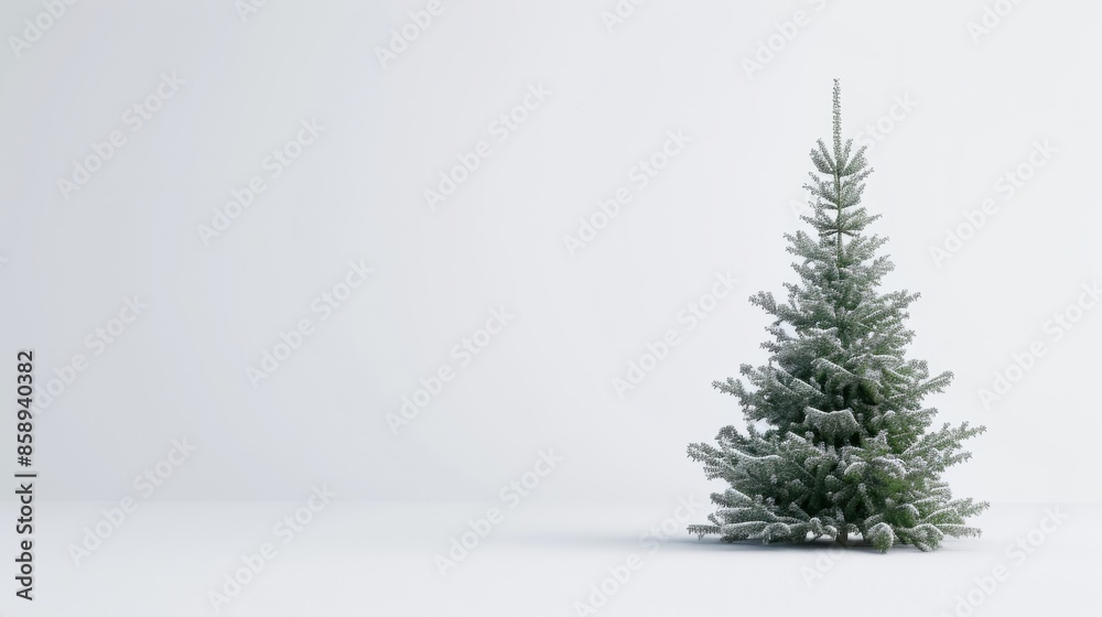 A single snow-covered Christmas tree stands against a white backdrop. The tree is a simple, classic Christmas decoration, perfect for a minimalist holiday setting. The white background highlights the A single snow-covered Christmas tree stands against a white backdrop. The tree is a simple, classic Christmas decoration, perfect for a minimalist holiday setting. The white background highlights the