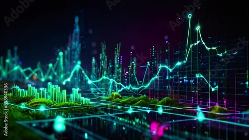 The video is a glowing green and pink graph with many lines and points extending in all directions on a black background.