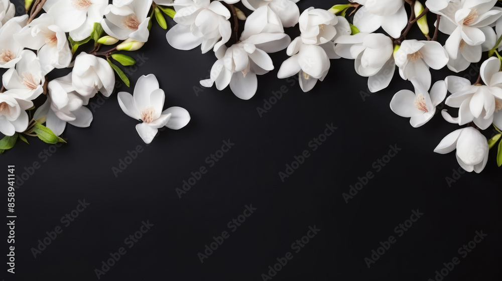 Obraz premium Magnolias flowers background banner panorama - Beautiful blooming white magnolia branch, isolated on black background, top view, Generative AI