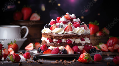 Food bakery bake photography background - Strawberry cake on plate, with strawberries berries decoartion on dark table, Generative AI photo