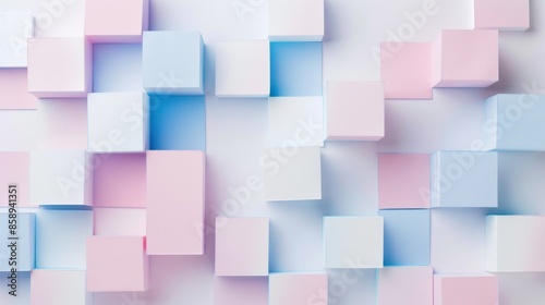 A colorful background made of pink, blue, and white blocks. The blocks are arranged in a way that creates a sense of depth and dimension. Scene is playful and whimsical
