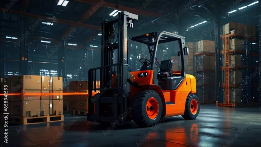There is a forklift in a warehouse. The forklift is orange and black. There are shelves on either side of the forklift with boxes on them. There is a forklift in a warehouse. The forklift is orange and black. There are shelves on either side of the forklift with boxes on them.