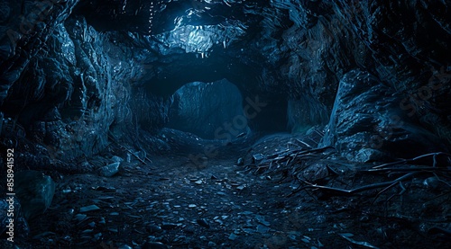 A dark cave with a light shining through.