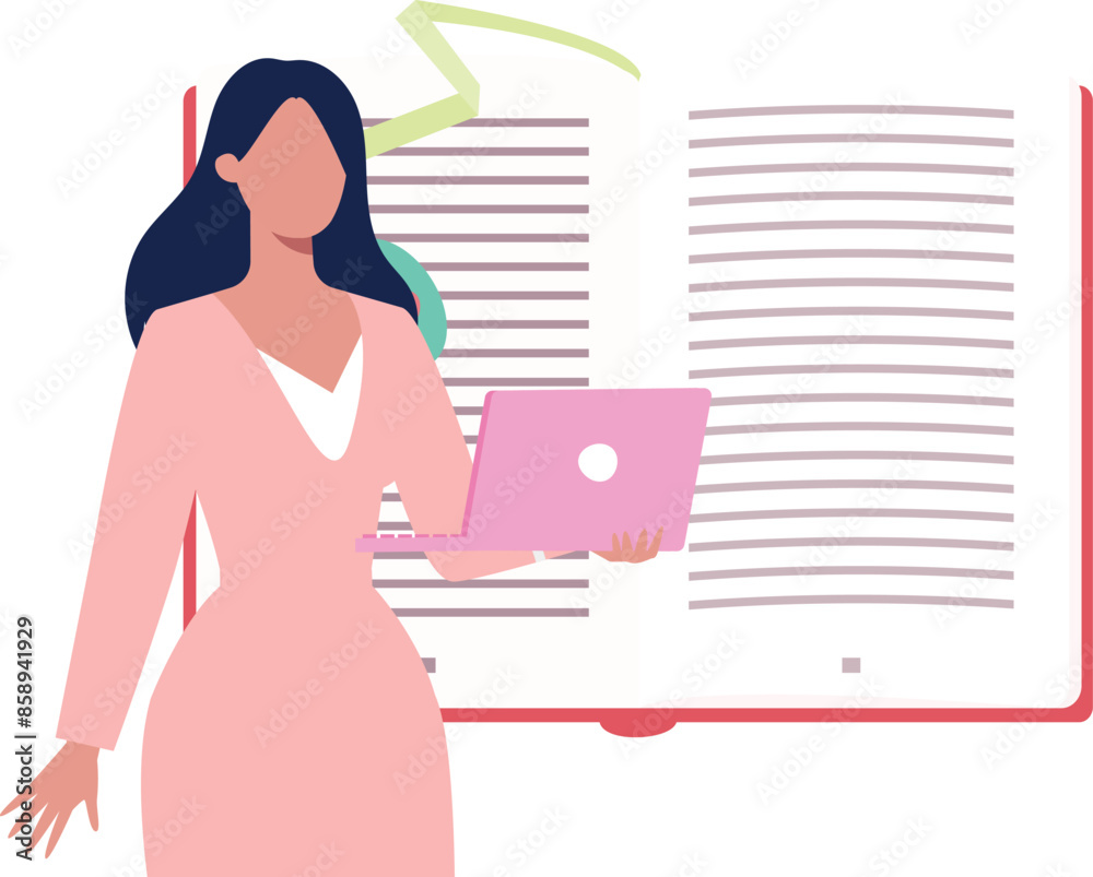 A girl is reading a book on laptop. A girl is reading a book on laptop.