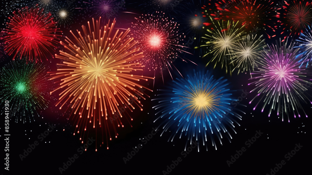 Fototapeta premium HAPPY NEW YEAR 2024 - Festive firework silvester New Year Eve Party background banner greeting card - Colorful fireworks pyrotechnics in the dark black night, Generative AI