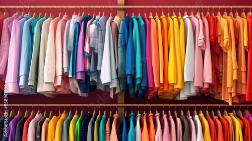 Wallpaper Mural Clothing / clothes fashion background - Colorful t shirts on hangers and clothes rail in a store, Generative AI Torontodigital.ca