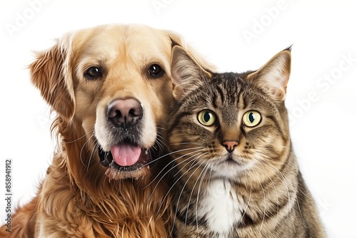 A heartwarming scene of a dog and cat gazing directly at the camera, their joyful faces capturing the essence of their companionship, isolated on a transparent background. © Rafia