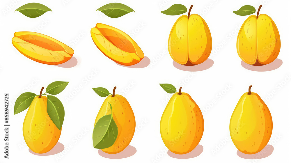 Obraz premium Fruits mangos harvest background - Set of ripe mango and mango slices, isolated on white background, Generative AI