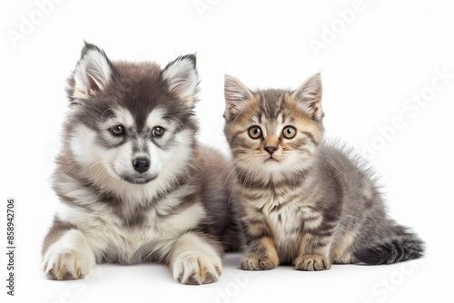 Adorable fluffy Pomsky pup and British Shorthair kitten sitting side by side, gazing at the camera on a white background.
