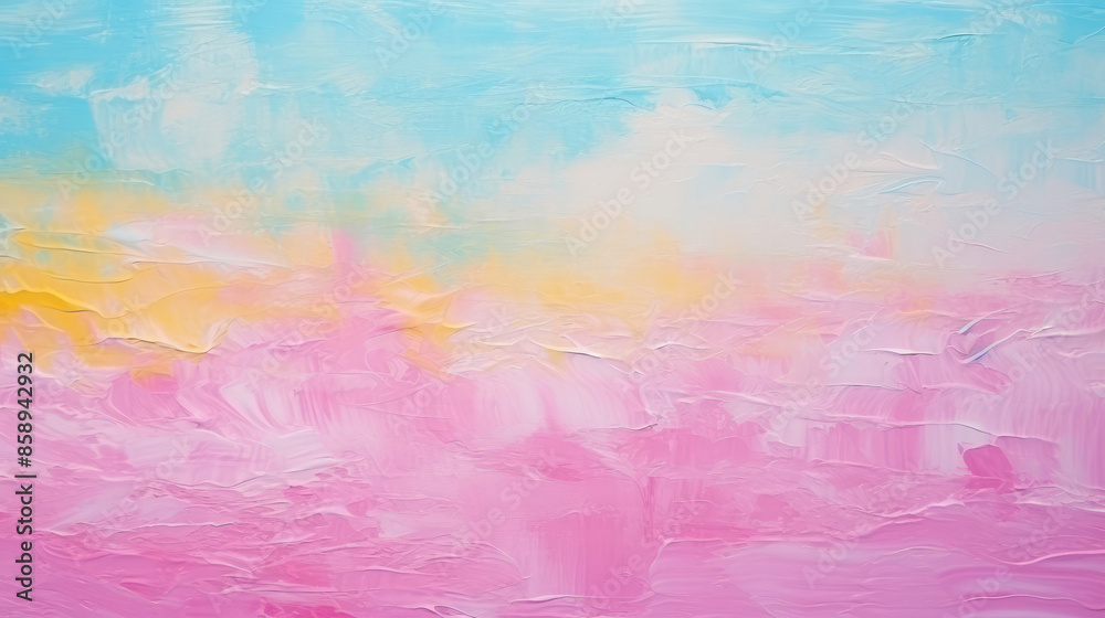 Fototapeta premium Abstract rainbow painting background banner illustration - Colorful pink, yellow and turquoise gradient noisy grain texture, Generative AI