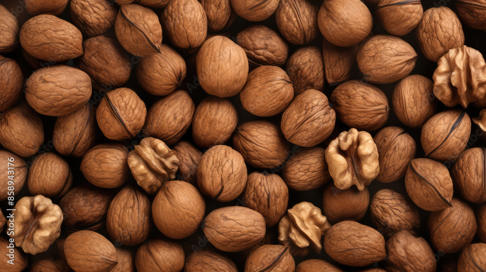Creative food nuts background banner panorama wallpaper, seamless pattern texture - Top view of many walnuts, Generative AI Creative food nuts background banner panorama wallpaper, seamless pattern texture - Top view of many walnuts, Generative AI