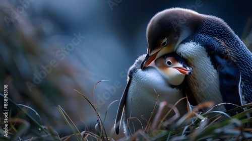 Yellow-eyed Penguin (Megadyptes antipodes) pair touching and kissing tenderly, Otago Peninsula, New Zealand.  photo