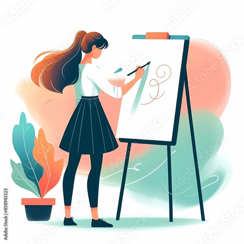 Artist painting on canvas using a paintbrush modern vector illustration