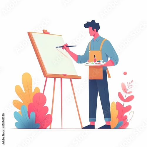 Artist painting on canvas using a paintbrush modern vector illustration