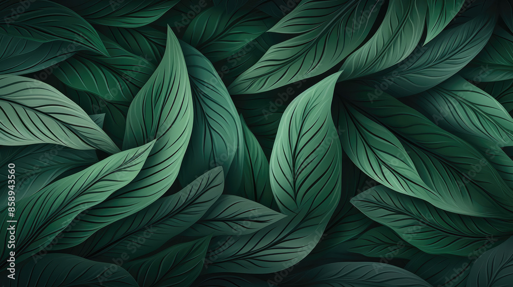 Abstract organic dark green waving leaves texture background banner illustration, Generative AI Abstract organic dark green waving leaves texture background banner illustration, Generative AI