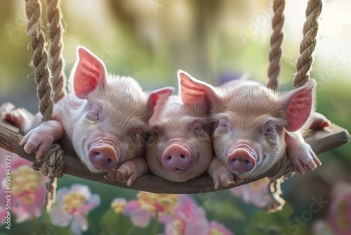 A trio of adorable piglets snuggled up on a swing, their pink noses twitching with curiosity. photo