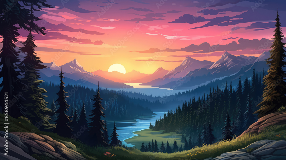 Obraz premium Landscape forest mountains nature adventure travel background - Illustration of valley view of forest fir trees, mountains and sunset, Generative AI