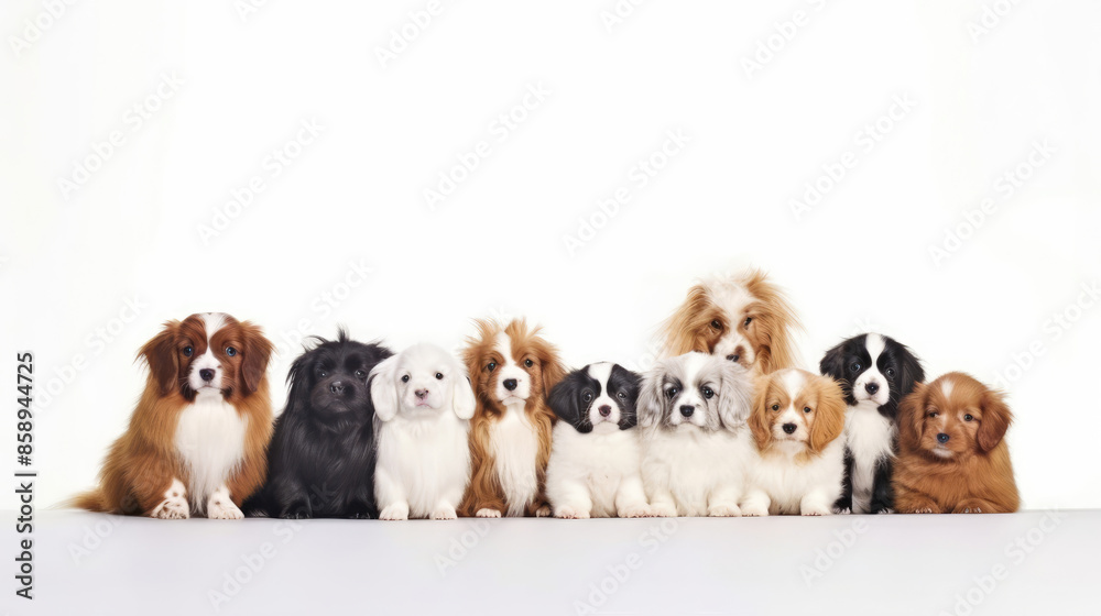 Obraz premium Animals pets guinea pigs banner panorama long - Collection of funny cute lying, sitting white brown dutch guinea pig (caviidae) family with young baby , isolated on white background, Generative AI