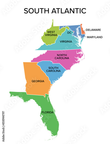 South Atlantic states, multi colored political map. United States Census division of the South region. Delaware, Florida, Georgia, Maryland, North and South Carolina, Virginia, DC, and West Virginia.