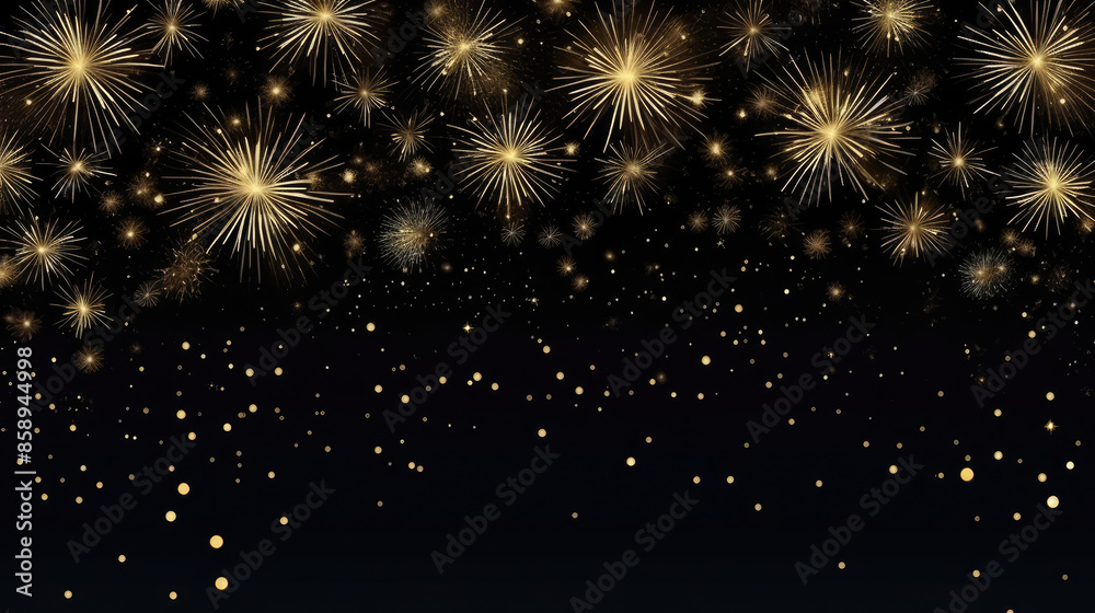 2025 Happy New Year holiday Greeting Card banner illustration - Golden glitter stripes and firework fireworks pyrotechnics on black night texture background, Generative AI 2025 Happy New Year holiday Greeting Card banner illustration - Golden glitter stripes and firework fireworks pyrotechnics on black night texture background, Generative AI