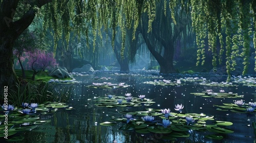A tranquil pond surrounded by weeping willow trees and blooming water lilies.